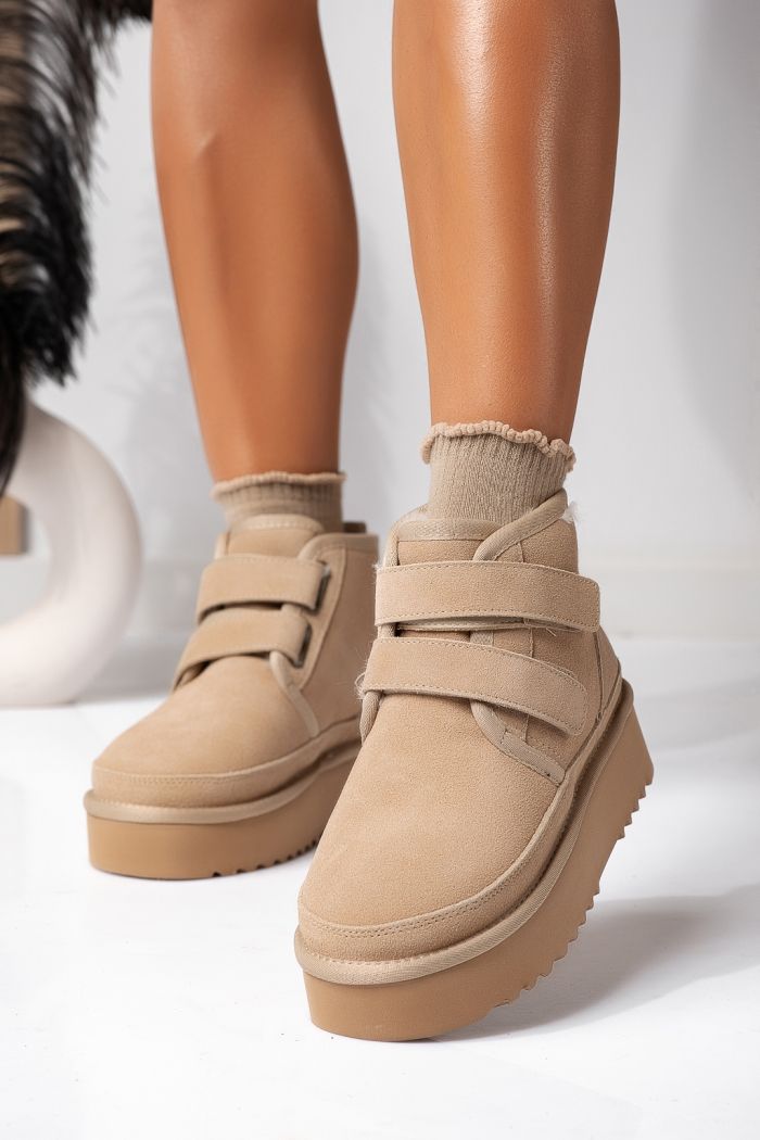 Cizme scurte dama imblanite  tip Ug bej din piele naturala intoarsa Carla #22629