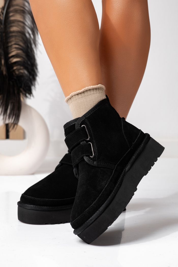 Cizme scurte dama imblanite  tip Ug negre din piele naturala intoarsa Carla #22628