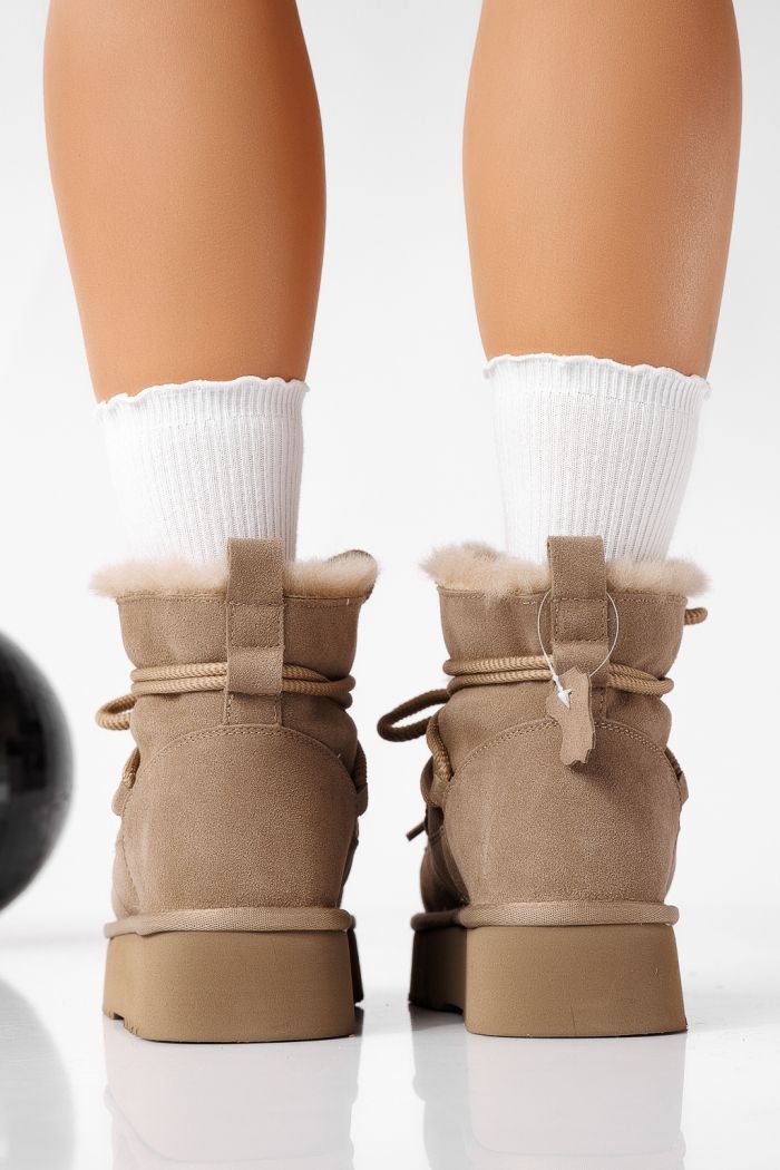 Cizme scurte dama îmblanite tip Ug khaki din piele naturala intoarsa Evelina #22696