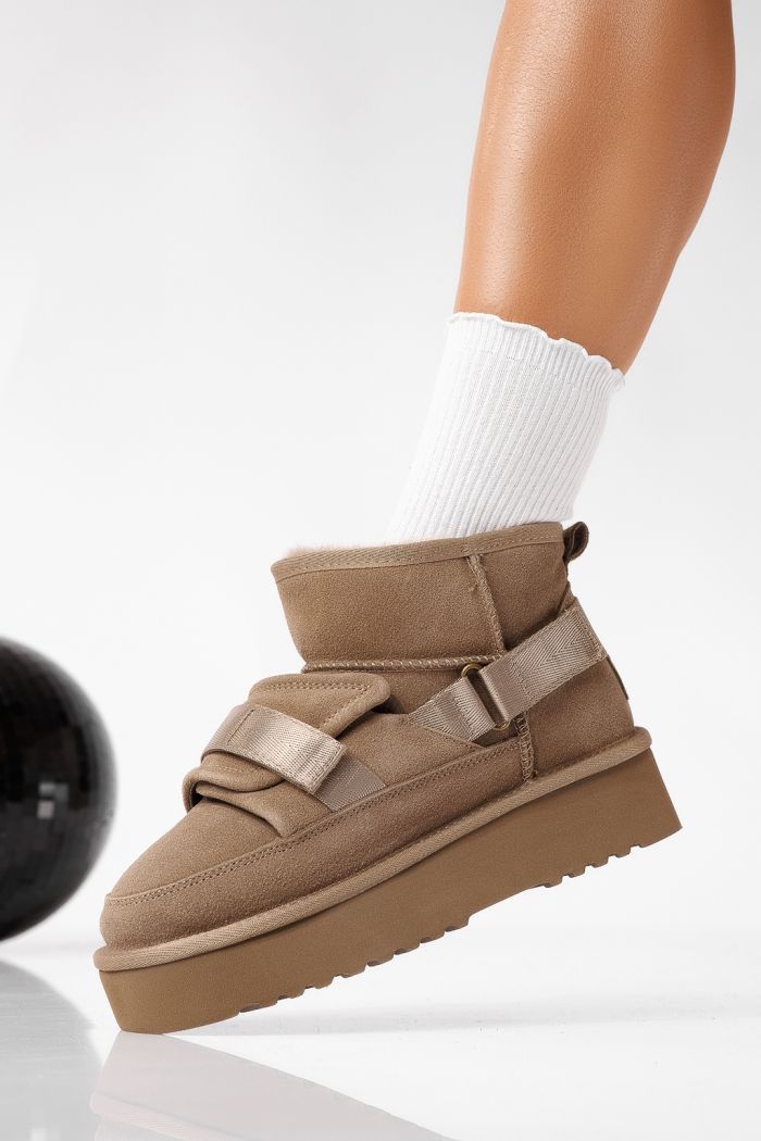 Cizme scurte dama îmblanite tip Ug khaki din piele naturala intoarsa Dorothea #22699
