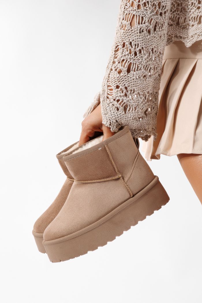 Cizme scurte dama imblanite tip Ug khaki din piele ecologica intoarsa Ariana #22750