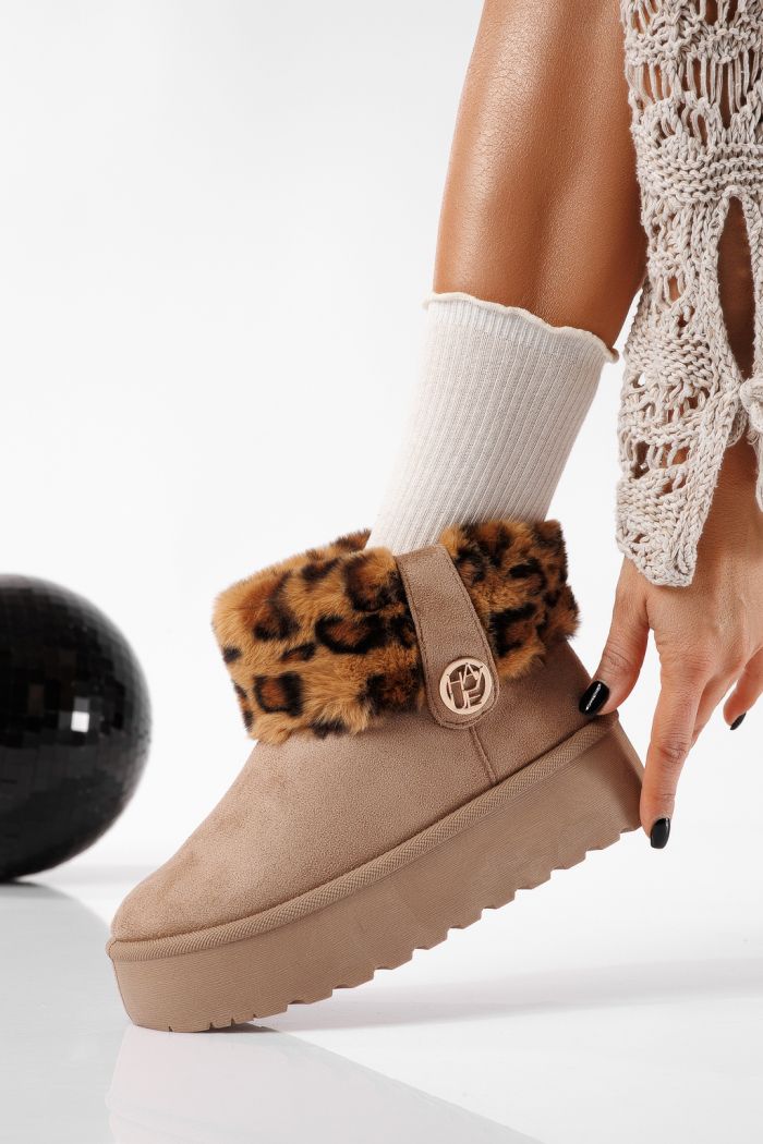 Cizme scurte dama imblanite tip Ug khaki din piele ecologica intoarsa Beatrice#22760