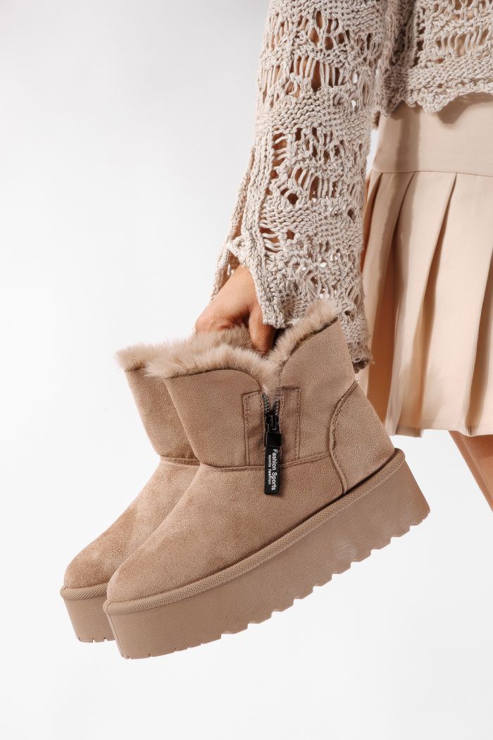Cizme scurte dama imblanite tip Ug khaki din piele ecologica intoarsa Antonia #22754