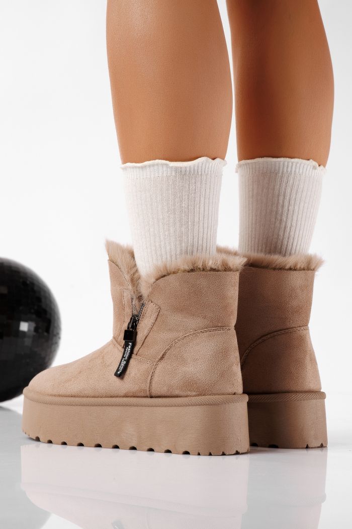 Cizme scurte dama imblanite tip Ug khaki din piele ecologica intoarsa Antonia #22754