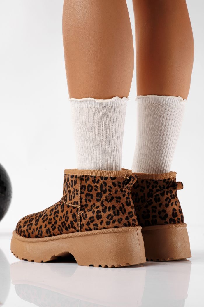 Cizme scurte dama imblanite tip Ug leopard din piele ecologica intoarsa Aurora #22744