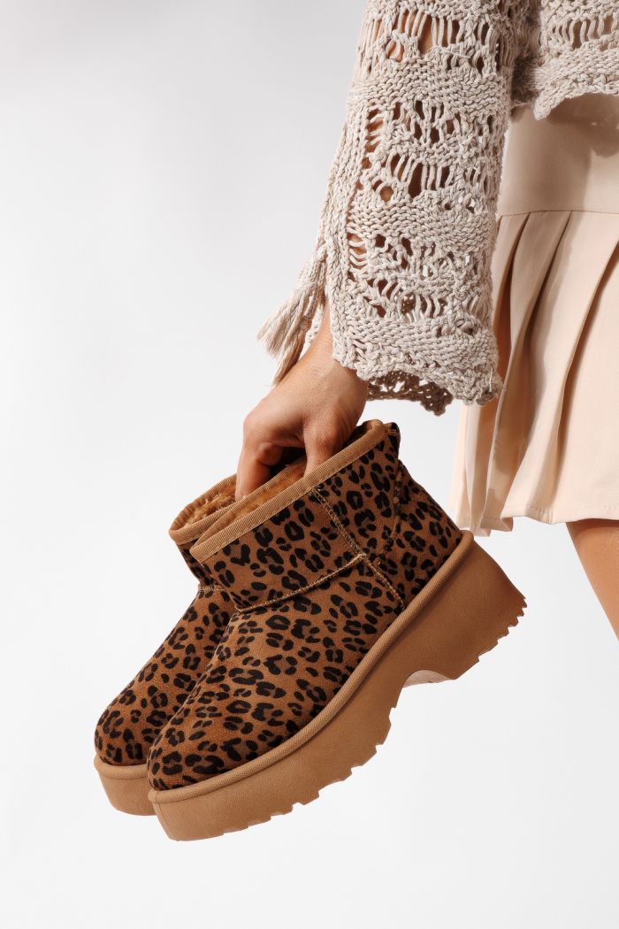 Cizme scurte dama imblanite tip Ug leopard din piele ecologica intoarsa Aurora #22744