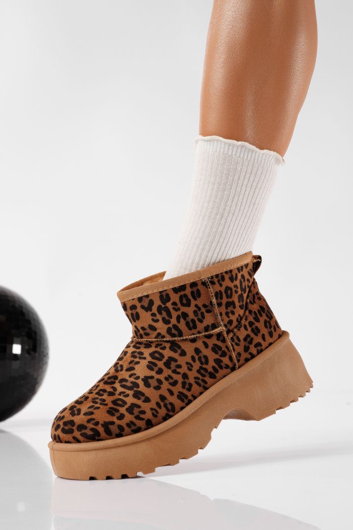 Cizme scurte dama imblanite tip Ug leopard din piele ecologica intoarsa Aurora #22744