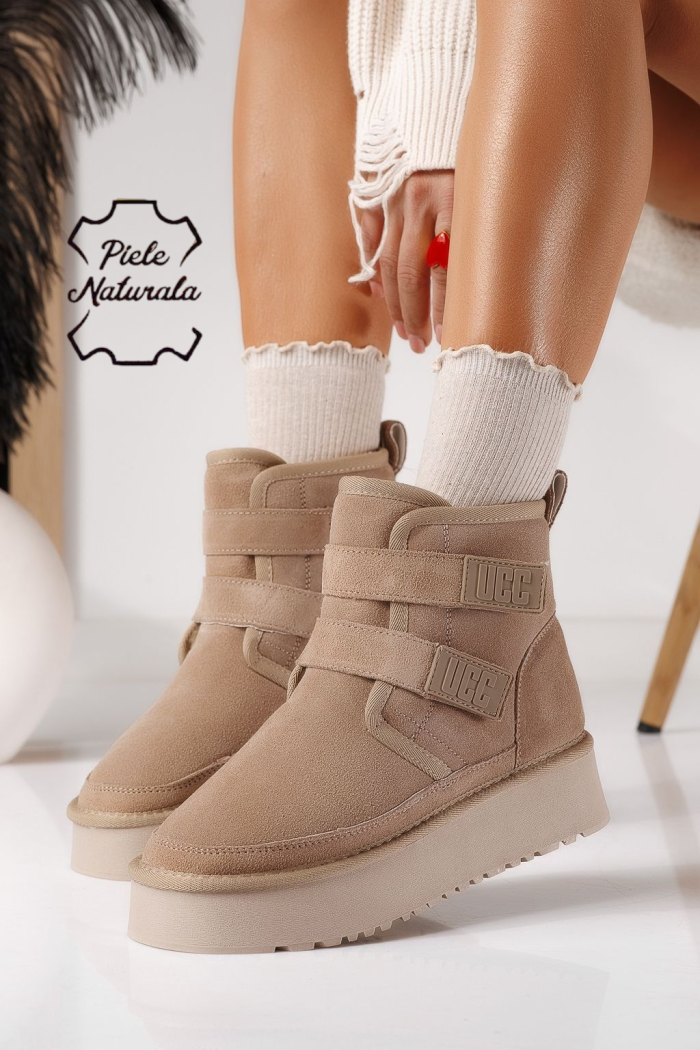 Cizme scurte dama îmblanite tip Ug khaki din piele naturala intoarsa Nicoleta #22881