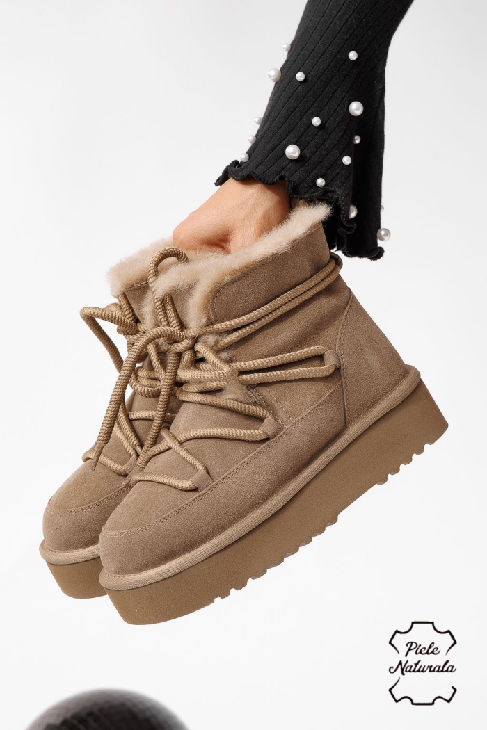 Къси дамски чизми подплатени с пух тип UGG каки от обърната естествена кожа Evelina #22696
