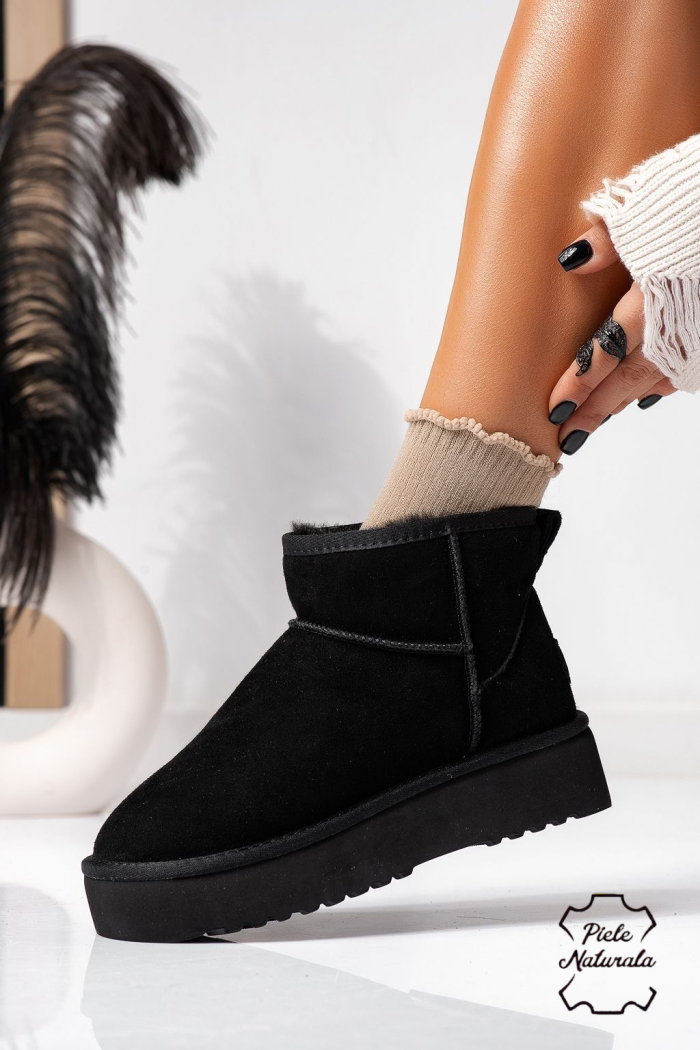 Къси дамски чизми одплатени с пух, тип UGG черни от обърната естествена кожа Brittany	 #22619