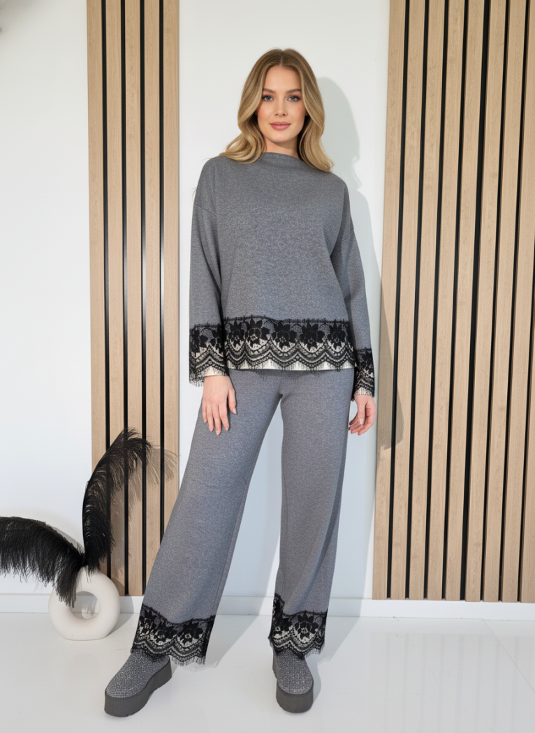 Compleu Dama gri Angela 2 piese tricot #A1246