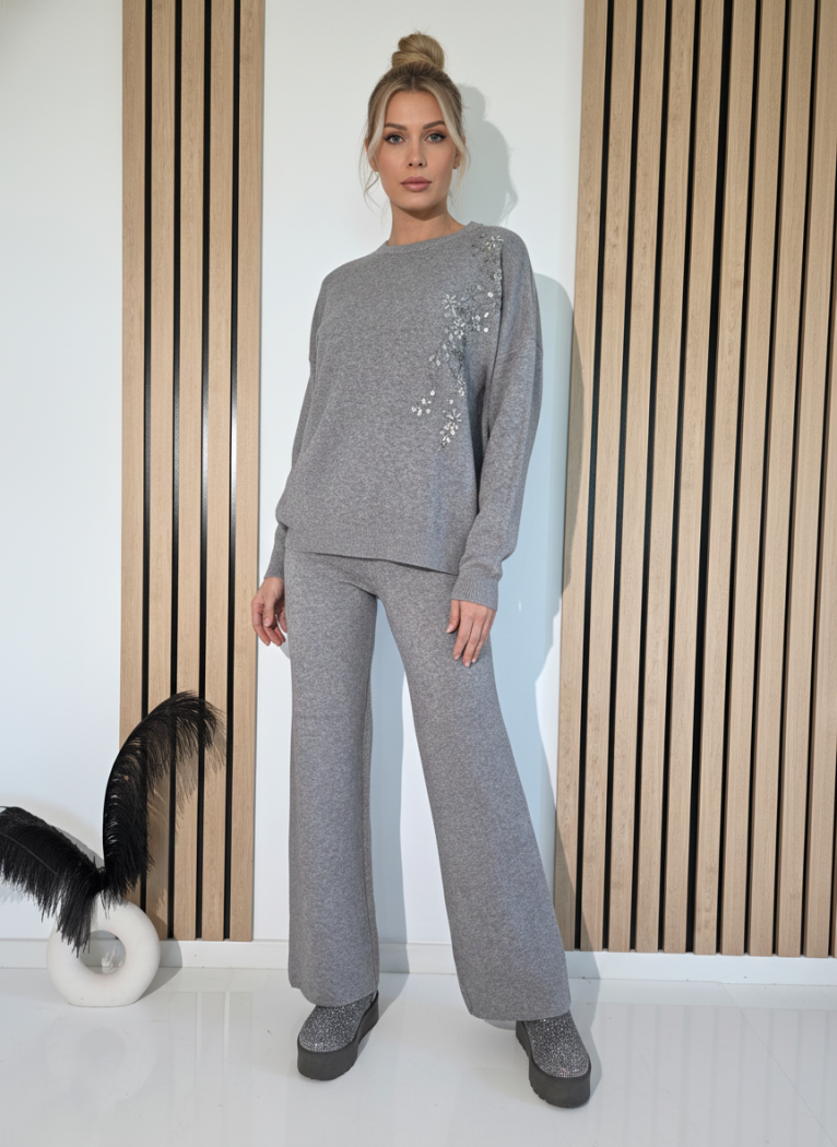 Compleu Dama gri Mabel 2 piese tricot #A1255