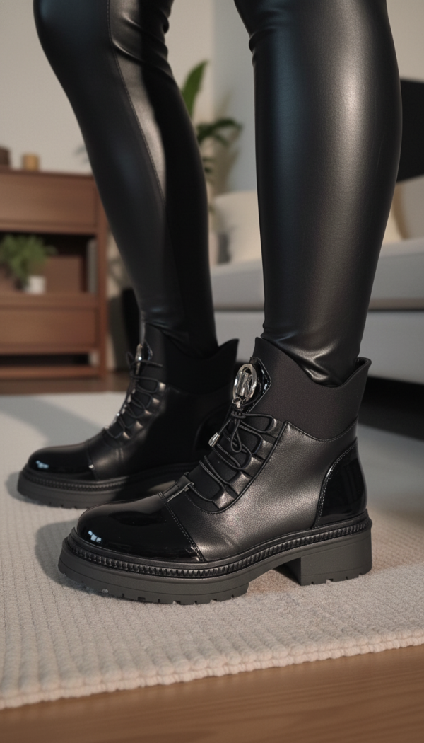 Ghete dama îmblanite negre din piele ecologica lacuita Nami #23056