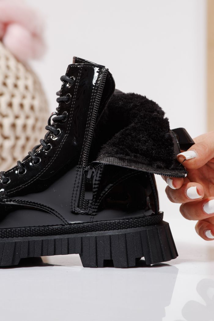 Ghete fete imblanite negre din piele ecologica lacuita Elia #23126