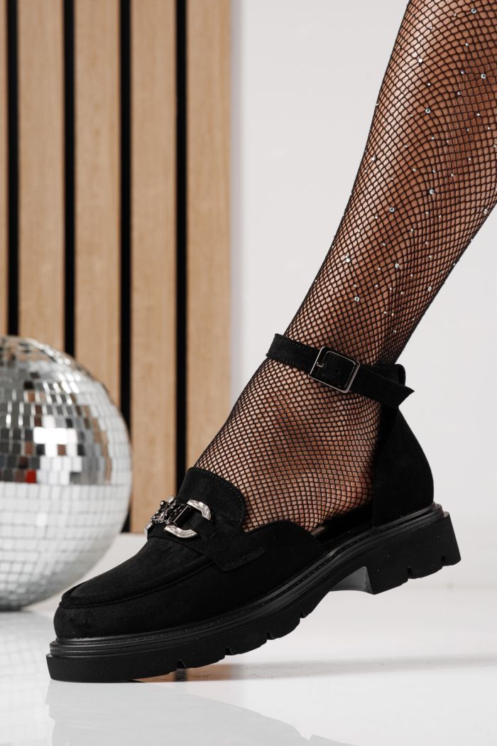 Pantofi casual dama negri din piele ecologica intoarsa Sasha #24276