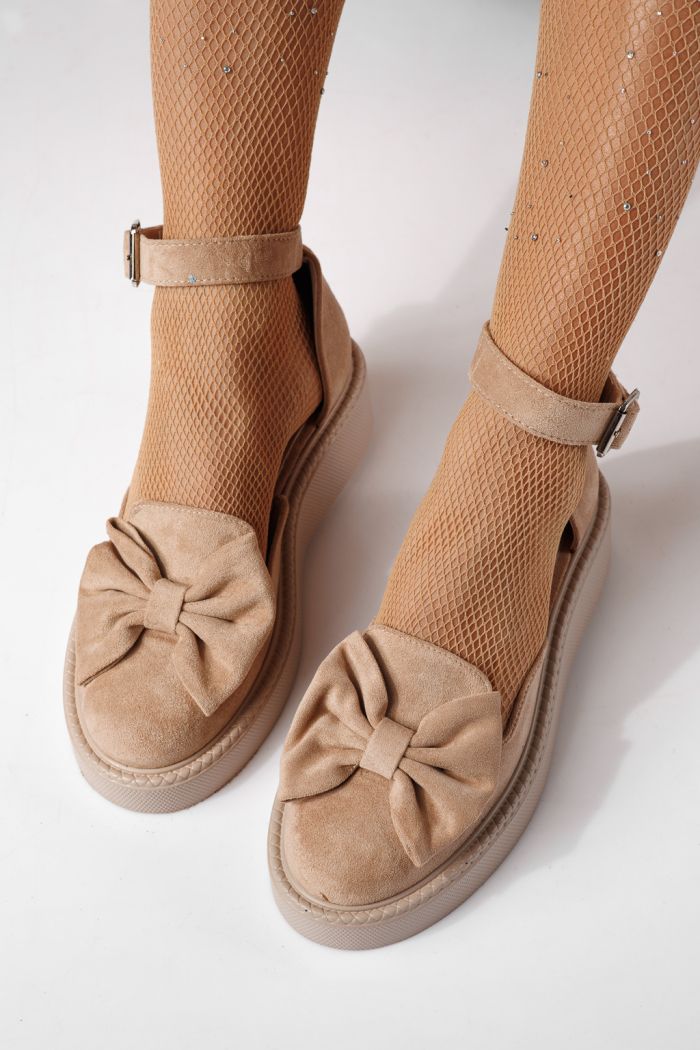 Pantofi casual dama bej din piele ecologica intoarsa Adina #24215