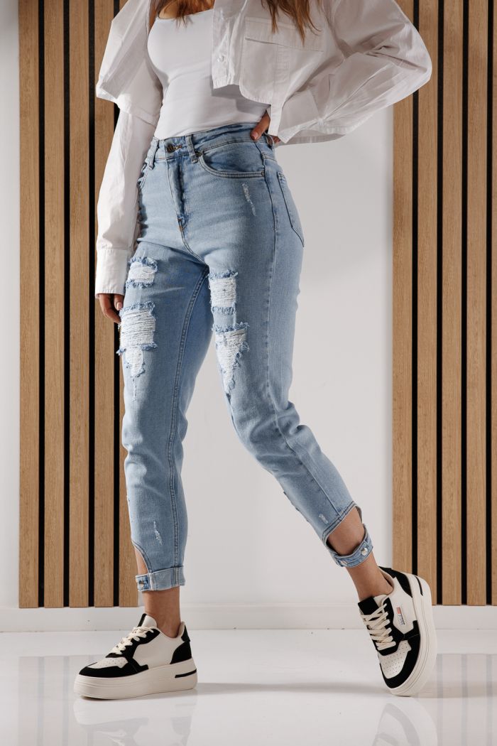 Blugi Dama Boyfriend Flori Albastri #A261