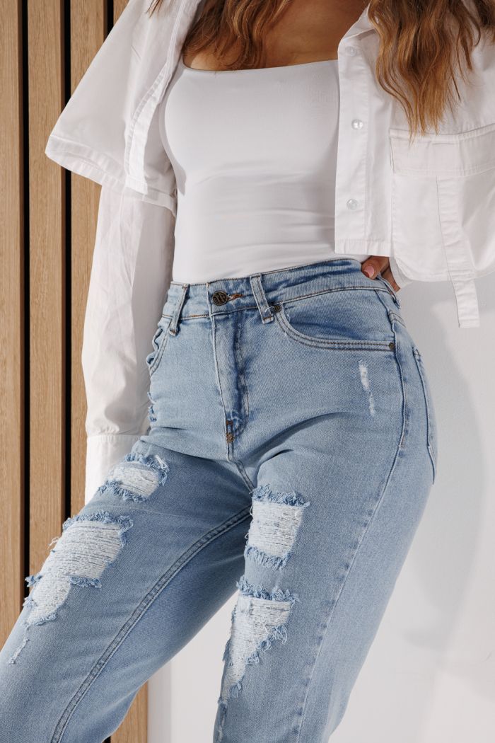 Blugi Dama Boyfriend Flori Albastri #A261