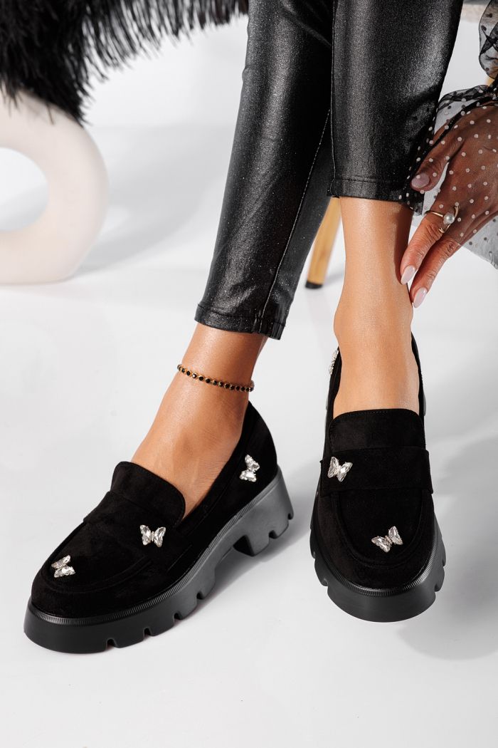 Pantofi casual dama negri din piele ecologica intoarsa Ivi #24435