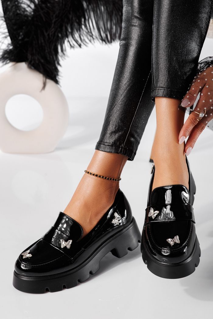 Pantofi casual dama negri din piele ecologica lacuita Ivi #24436