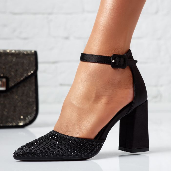 Pantofi cu toc dama negri din satin Iulia #24445