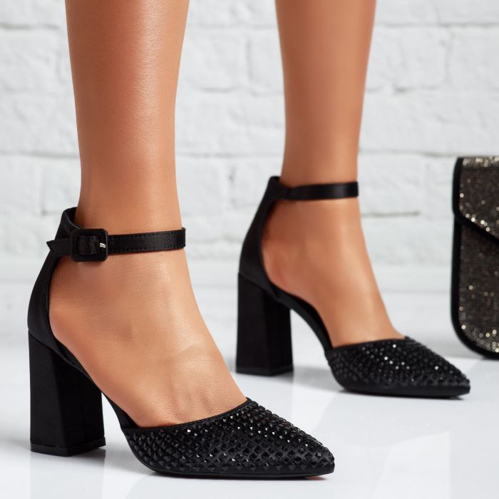 Pantofi cu toc dama negri din satin Iulia #24445