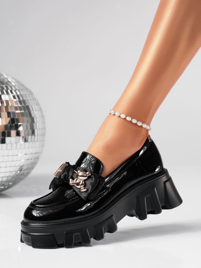 Pantofi casual dama negri din piele ecologica lacuita Natalia2 #24482