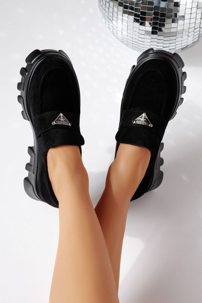 Pantofi casual dama negri din piele ecologica intoarsa Oriana #24485