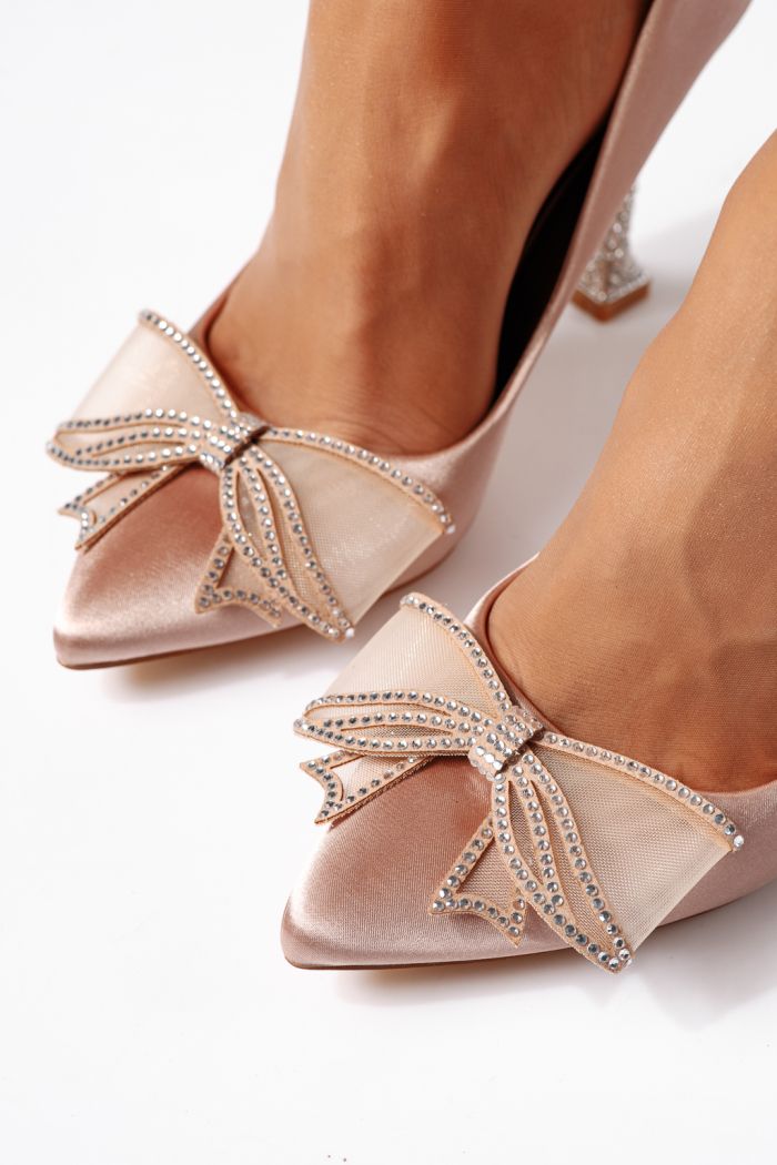 Pantofi cu toc dama roz-aurii din satin Ayala #24428