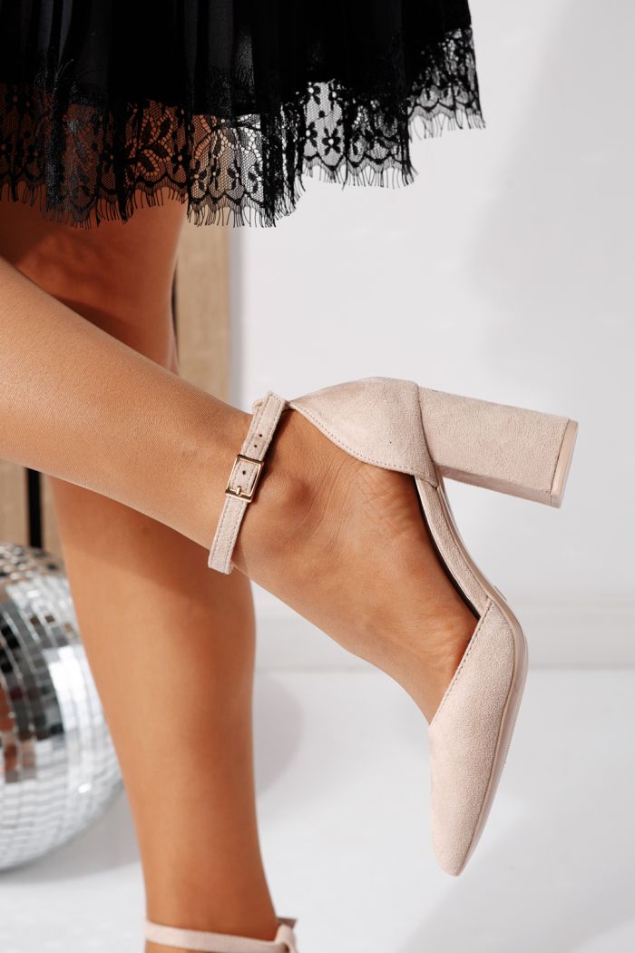 Pantofi cu toc dama bej din piele ecologica intoarsa Noemi #24450