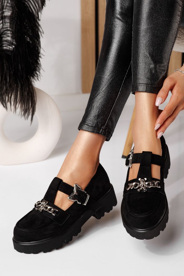 Pantofi casual dama negri din piele ecologica intoarsa Isis #24568