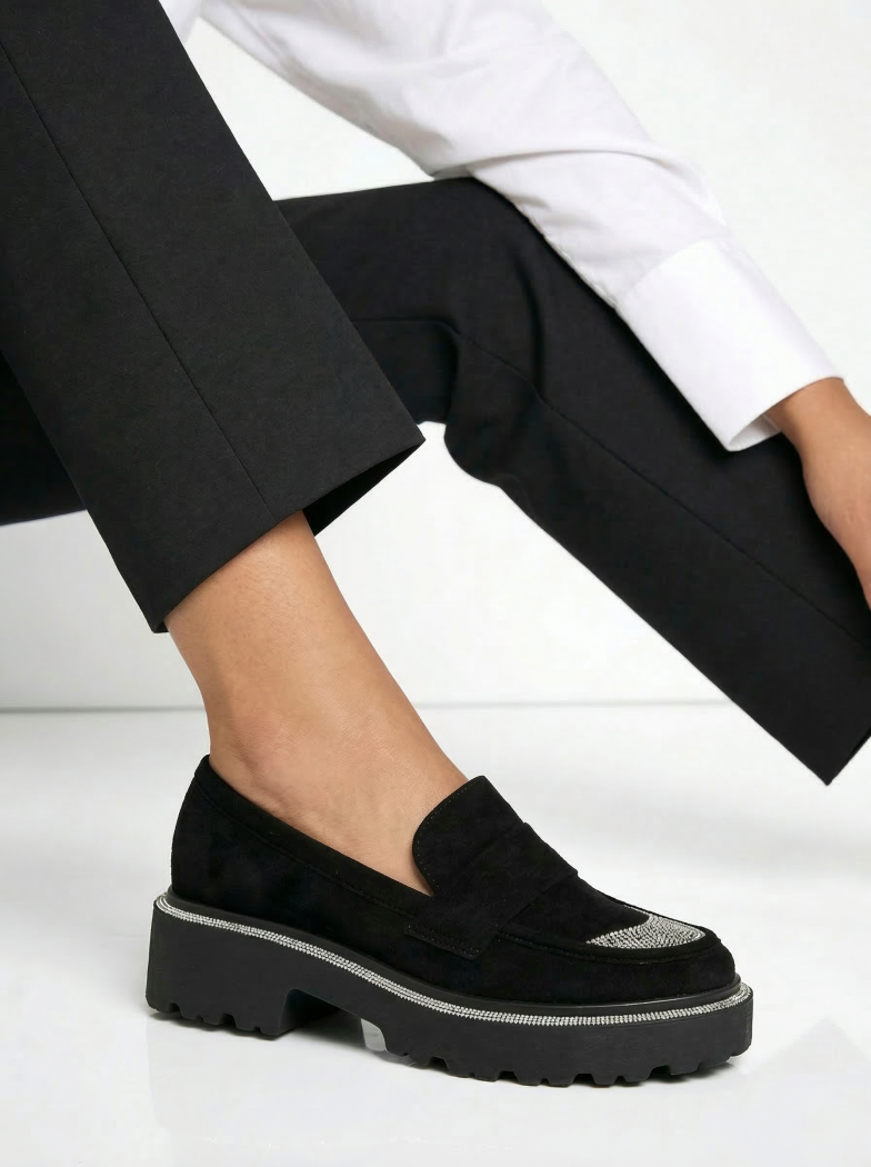 Pantofi casual dama negri din piele ecologica intoarsa Neo #18567