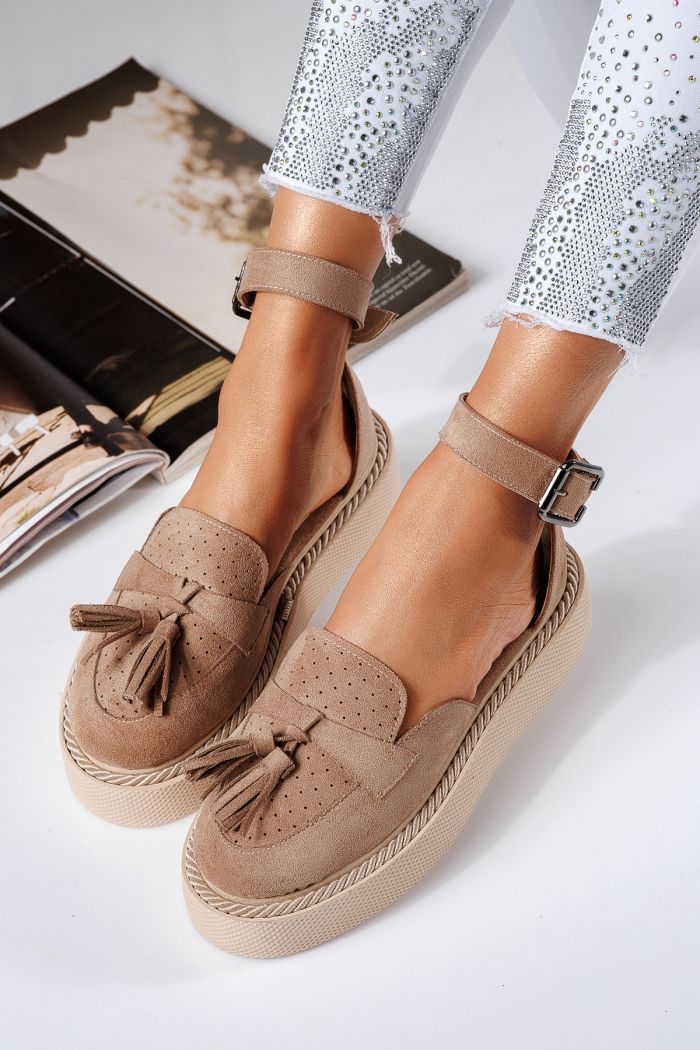 Pantofi casual dama bej din piele ecologica intoarsa Aryan #24610