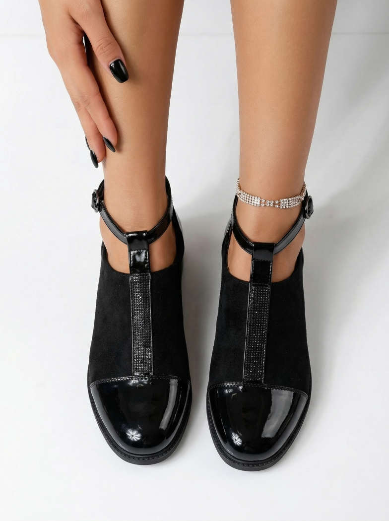 Pantofi casual dama negri din piele ecologica lacuita Kara #24662