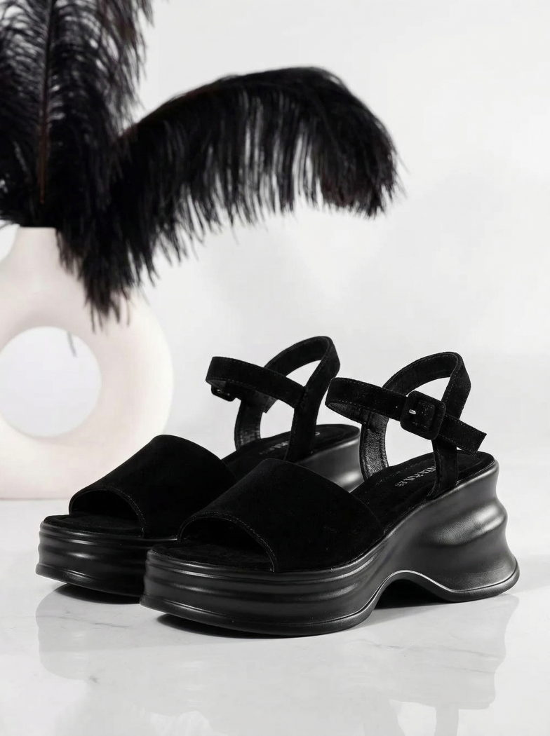 Sandale cu platforma dama negre din piele ecologica Adena #21302