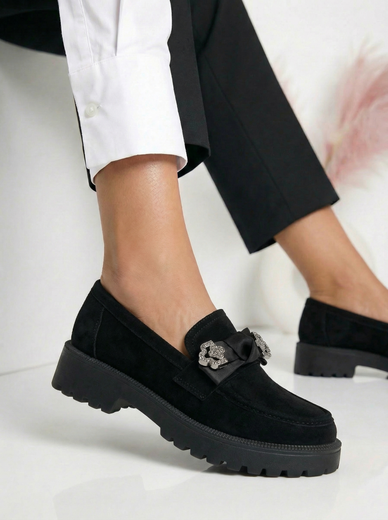 Pantofi casual dama negri din piele ecologica intoarsa Elaris #24670