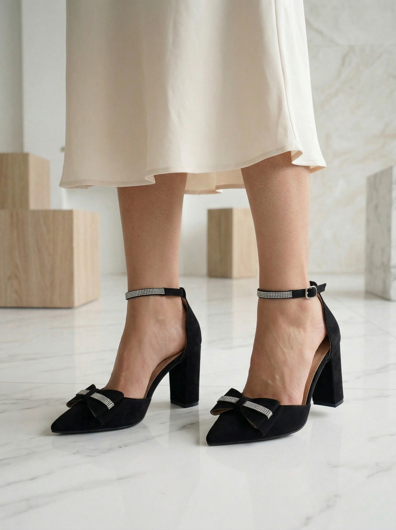 Pantofi cu toc dama negri din piele ecologica intoarsa Elis #24672