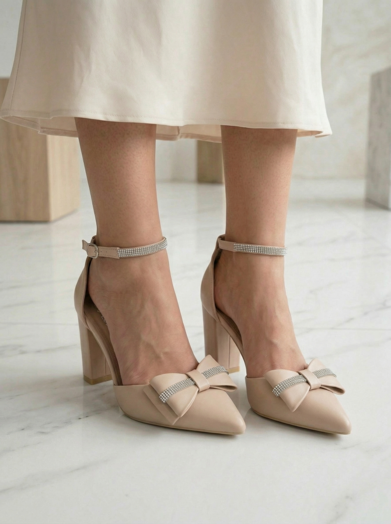 Pantofi cu toc dama bej din piele ecologica Elis #24675