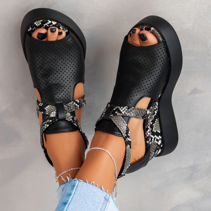 Sandale cu platforma dama negre din piele ecologica Nicolle #24688