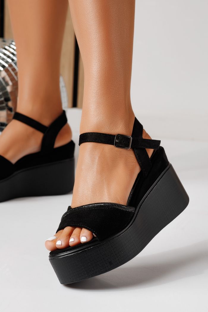 Sandale cu platforma dama negre din piele ecologica intoarsa Carisa #24865