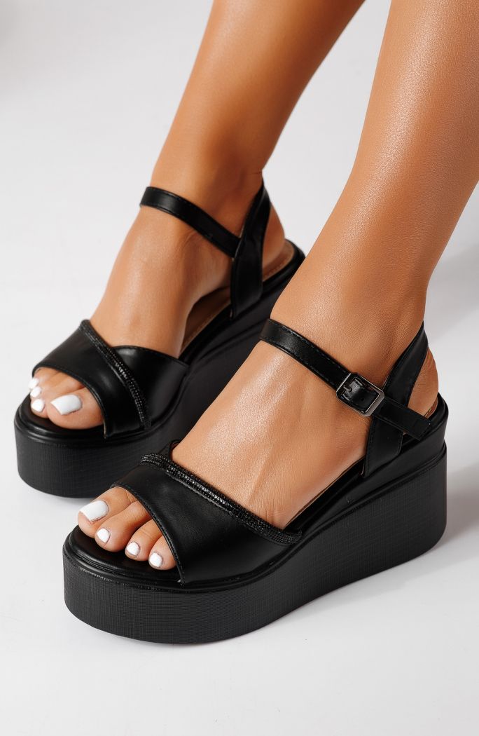 Sandale cu platforma dama negre din piele ecologica Delina #24751