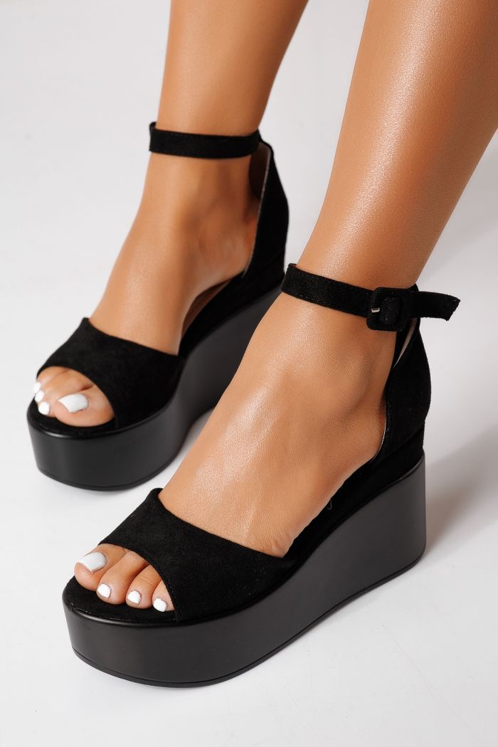 Sandale cu platforma dama negre din piele ecologica intoarsa Reese #24789