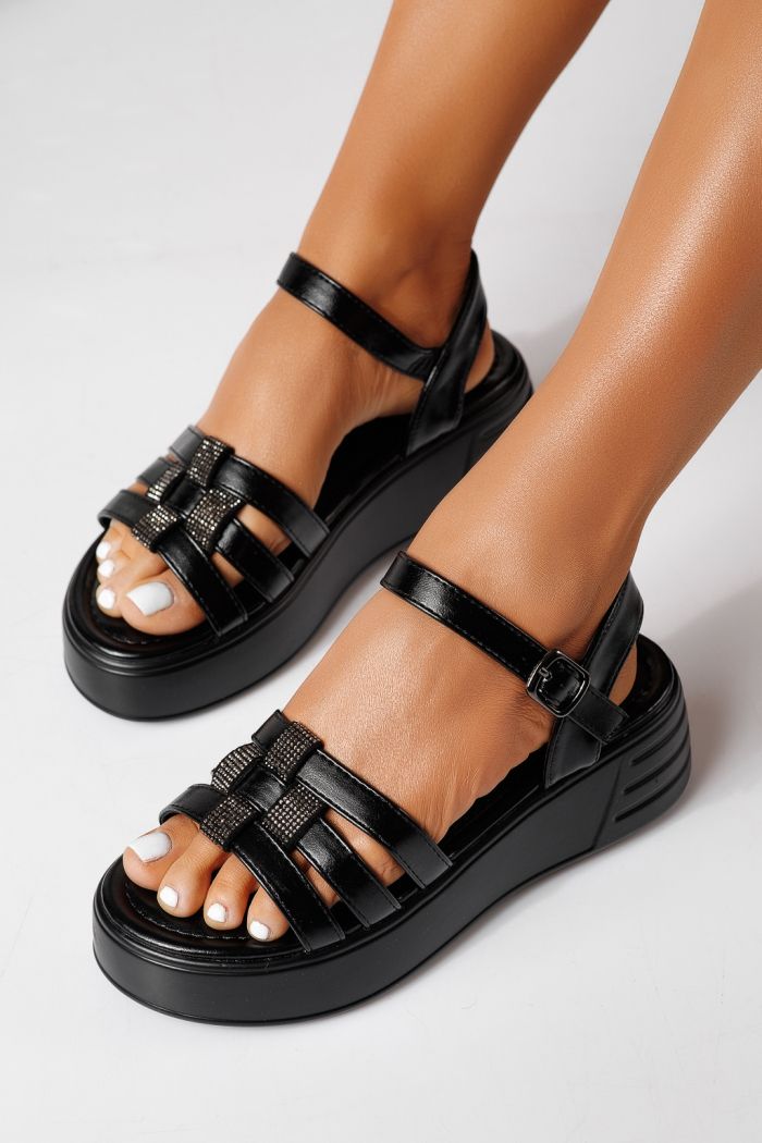 Sandale cu platforma dama negre din piele ecologica Aelira #24698