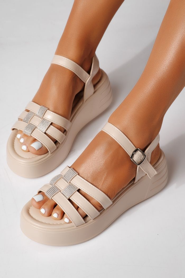 Sandale cu platforma dama bej din piele ecologica Aelira #24700