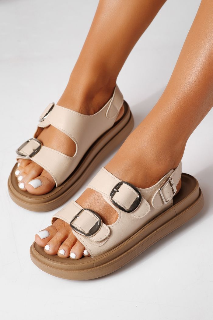 Sandale cu talpa joasa dama bej din piele ecologica Mireya #24931