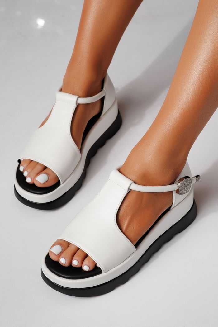 Sandale cu platforma dama albe din piele ecologica Elira #24758