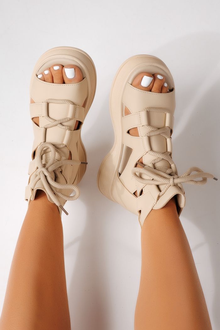Sandale cu platforma dama bej din piele ecologica Elina #24830