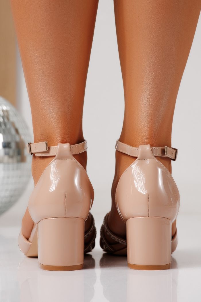 Sandale cu toc dama bej din piele ecologica lacuita Renia #24779