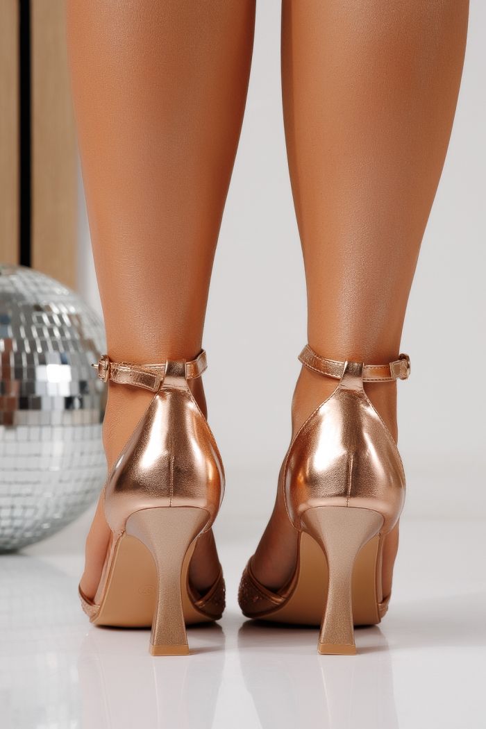 Sandale cu toc dama roz-aurii din piele ecologica Lyra #24862