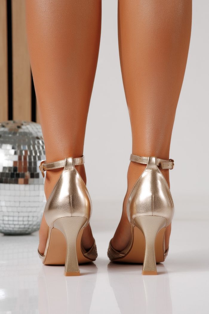 Sandale cu toc dama aurii din piele ecologica Lyra #24864